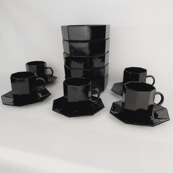 1980'S Arcoroc Octine Black glass octagon Made in France soups bowls mug saucers - Picture 3 of 16